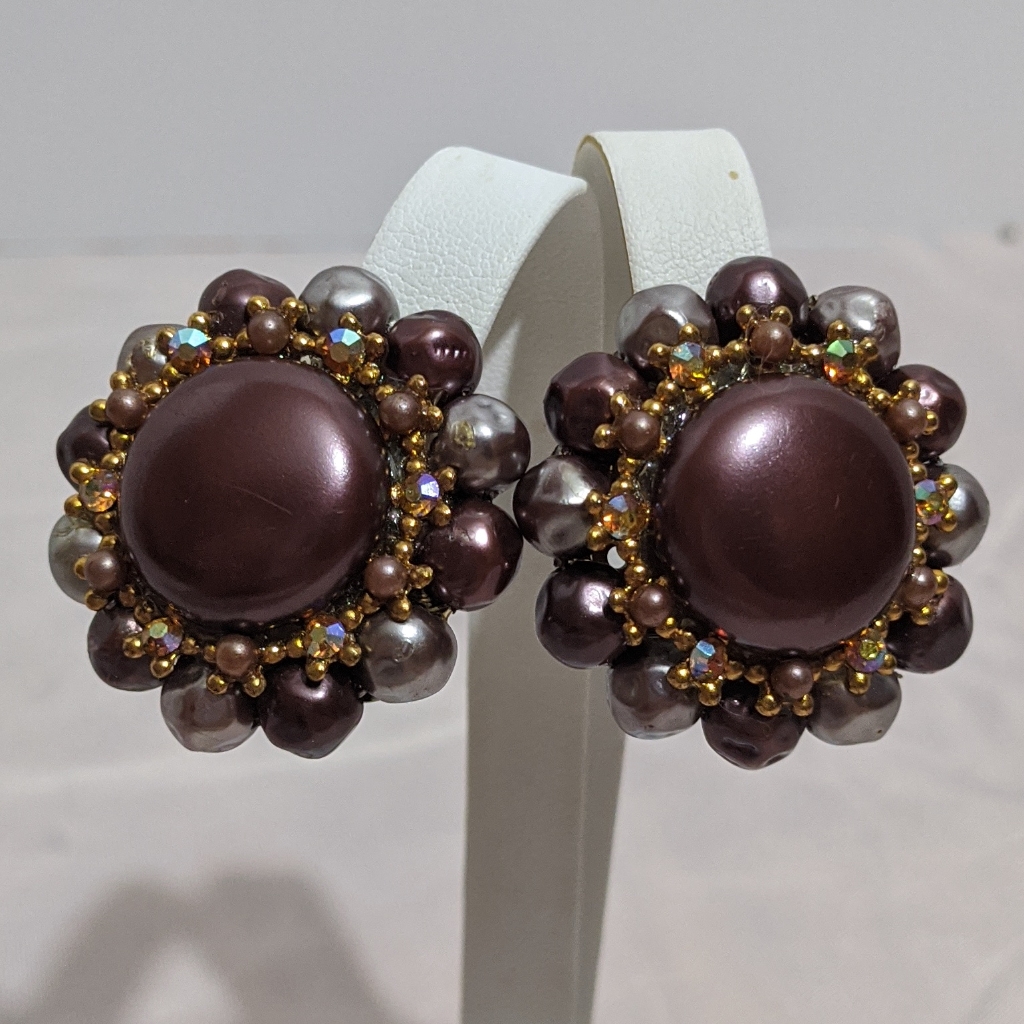 Huge Brown Vintage Aurora Rhinestone Clip Earrings